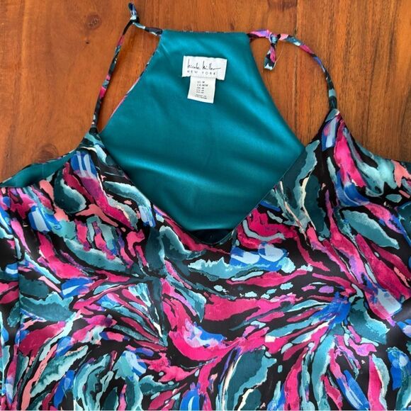 Nicole Miller long lined silky racerback w/pockets  colorful abstract print sz M - Picture 4 of 9